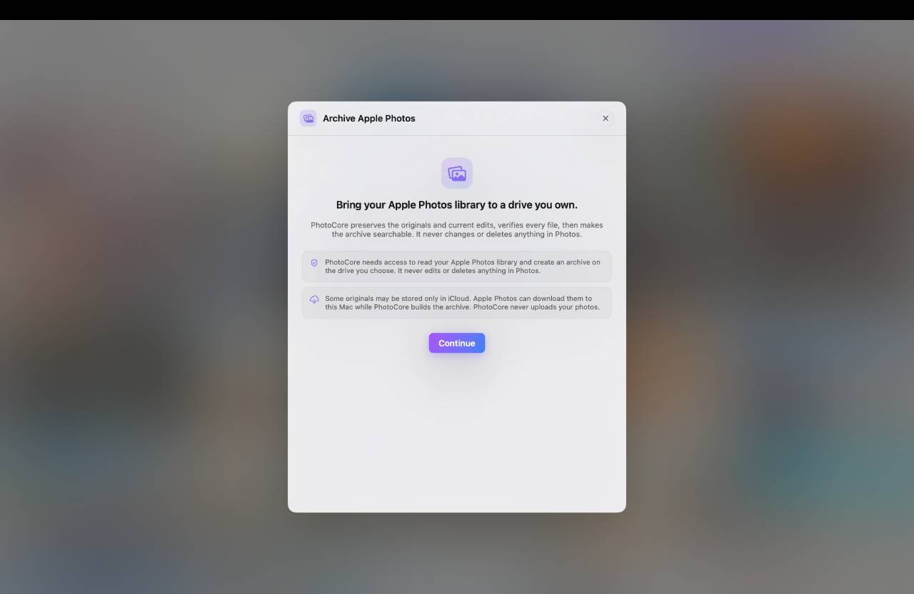 Schermata iniziale di Archivio Apple Photos: PhotoCore spiega cosa farà prima di chiedere l’accesso