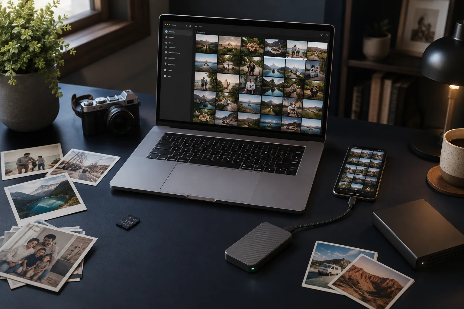 A Mac, iPhone, external drives and printed photos gathered into one organized photo workspace.