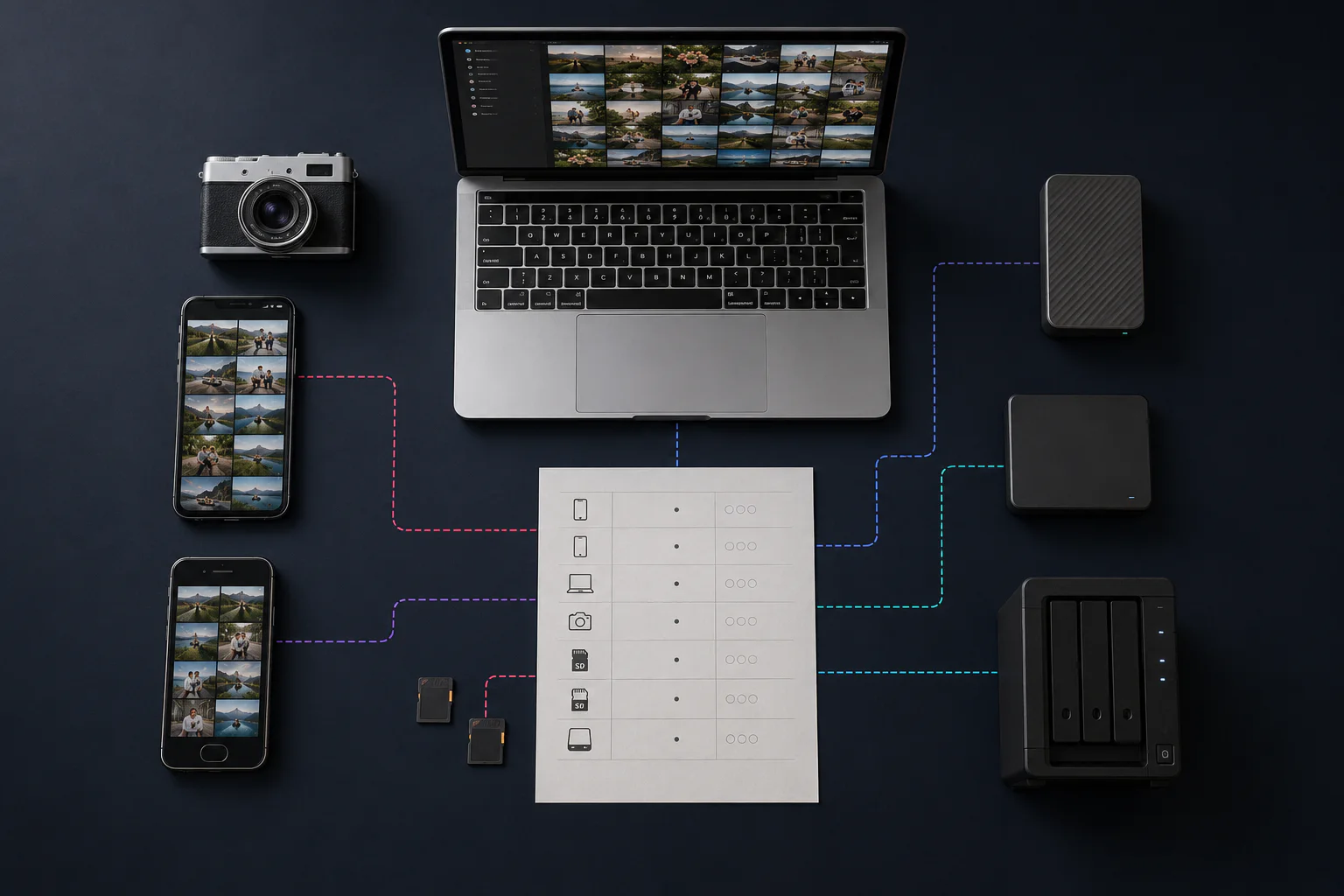 A top-down inventory of phones, a camera, memory cards, a Mac, external drives and a NAS.