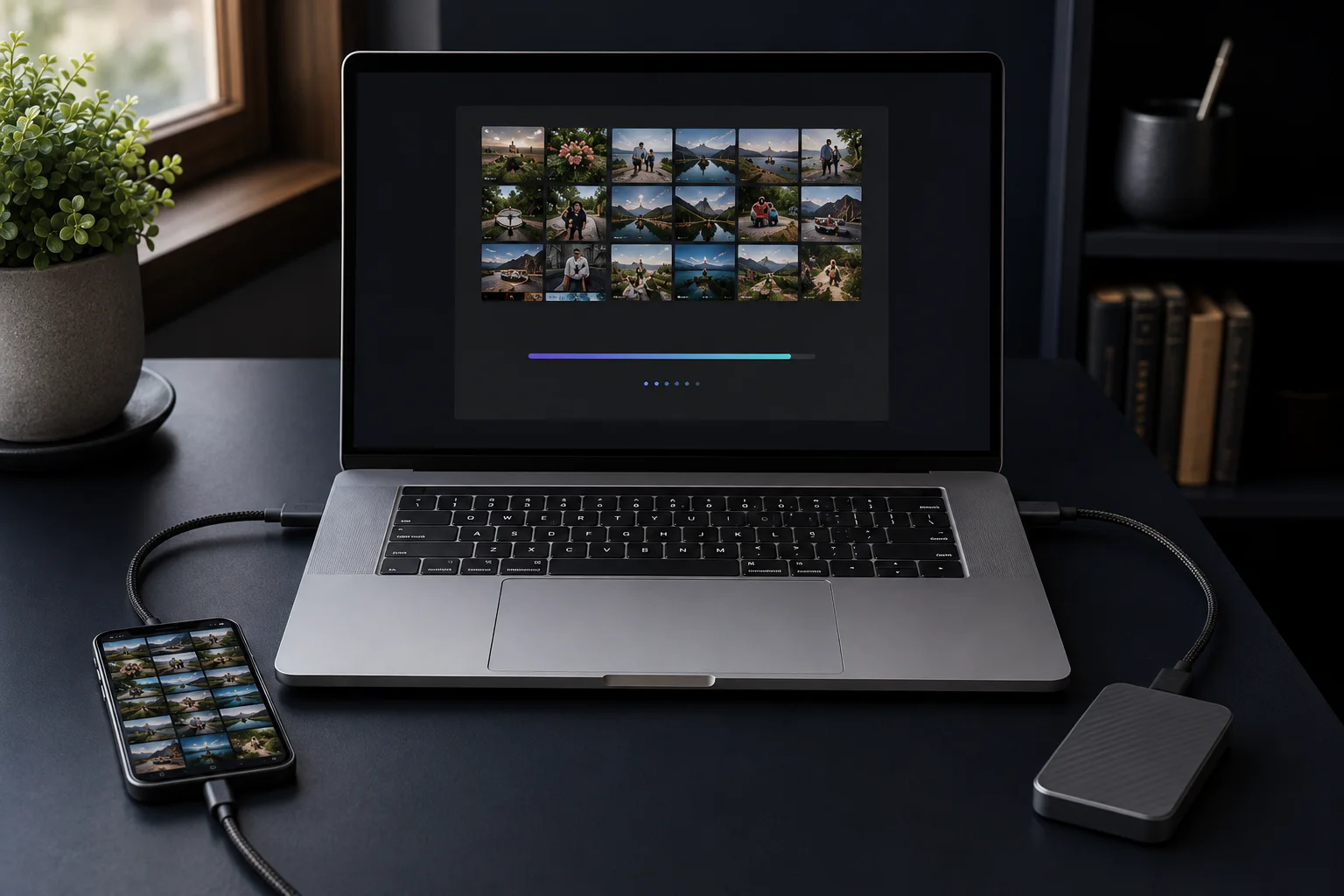 An iPhone and external SSD connected to a Mac while photos are transferred.