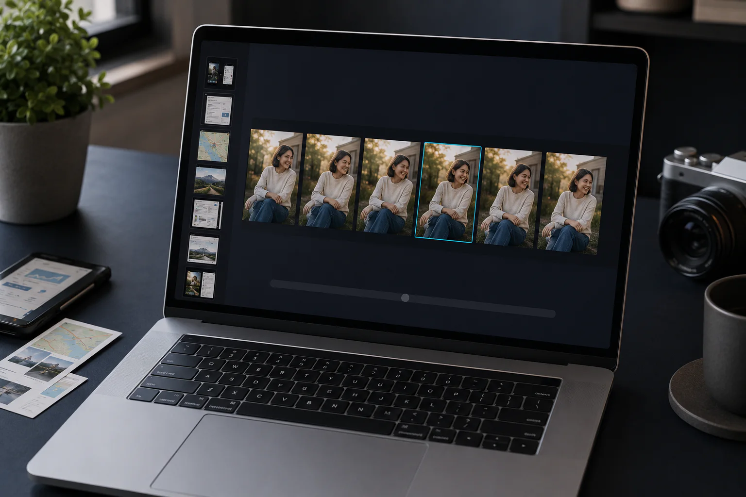 Six similar portrait frames compared on a Mac, with the sharpest shot selected.