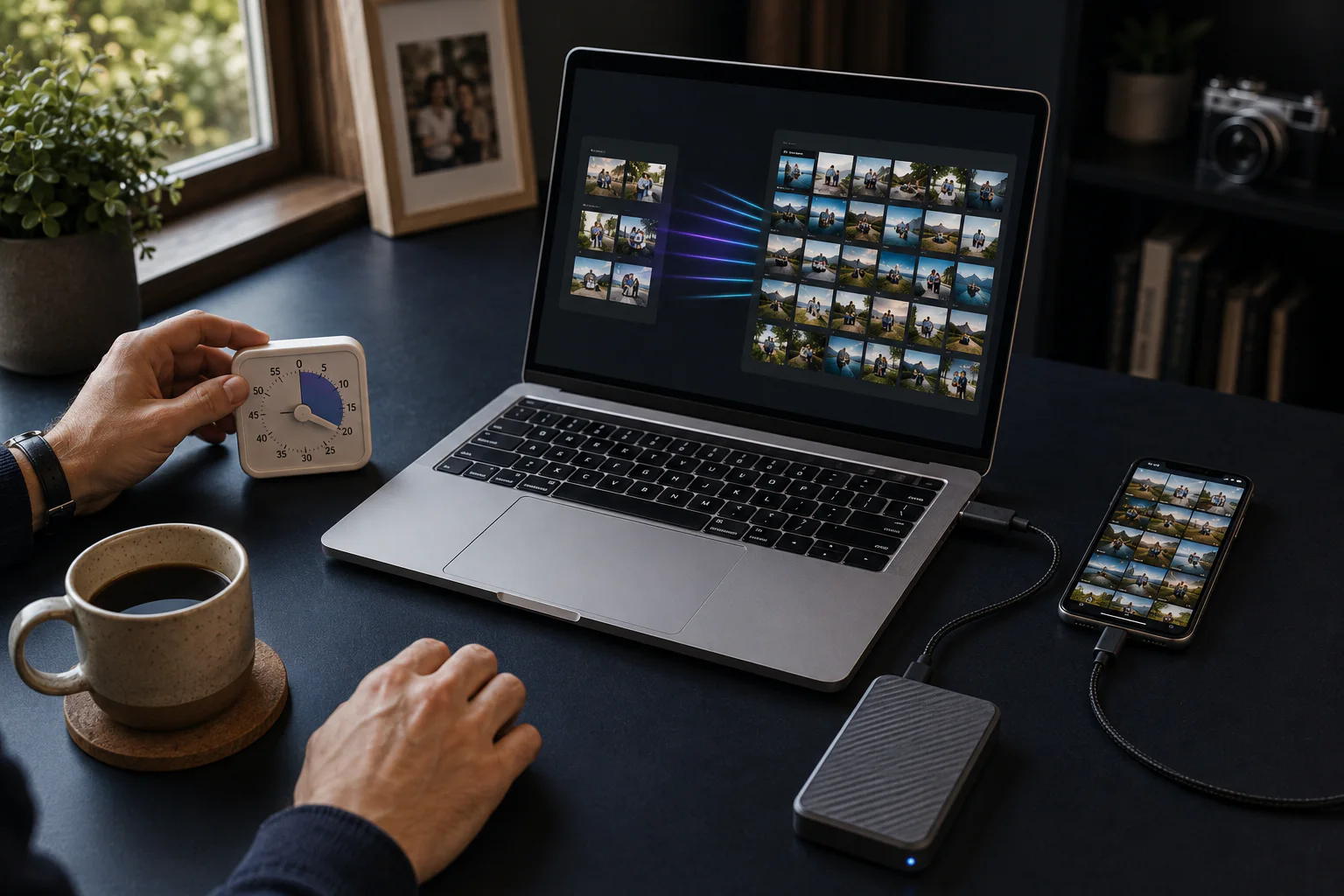 A 20-minute timer beside an iPhone, Mac and external SSD during a monthly photo routine.