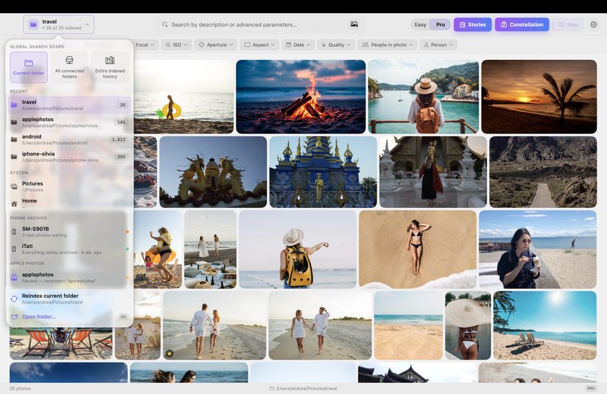 PhotoCore screenshot: Sources menu